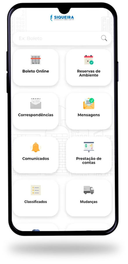 Tela do aplicativo Siqueira Imóveis mostrando boleto online, reservas, mensagens e outras funções